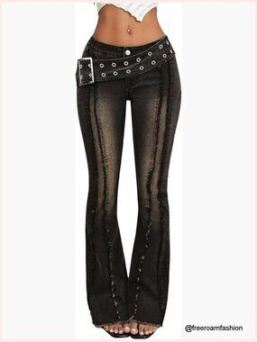 Y2K Grunge Raw Trim Flare Jeans Punk Buckle Low Rise Bootcut Denim Pants